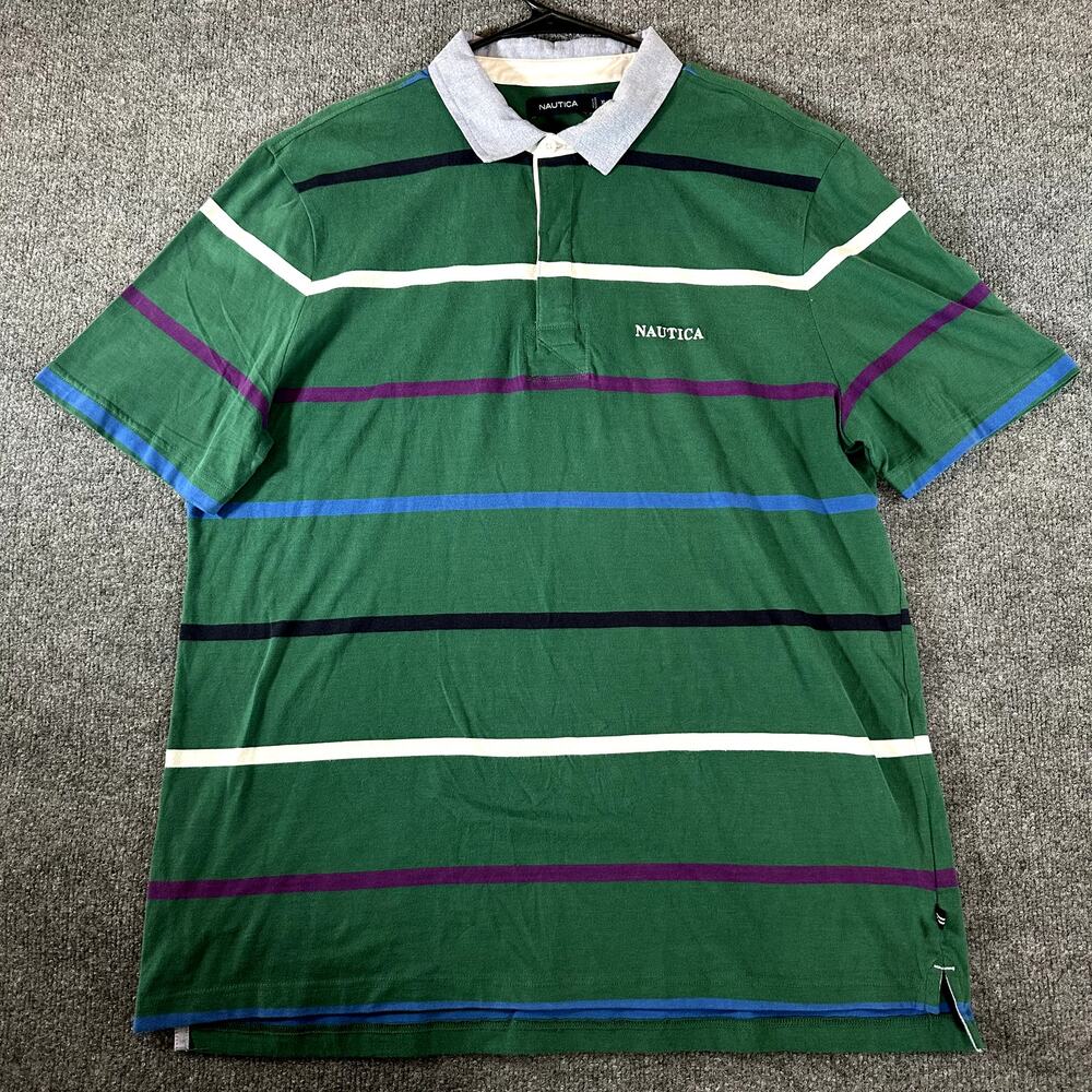 Nautica Mens XL Rugby Polo Green Striped Cotton Y2K Style Retro Preppy Shirt